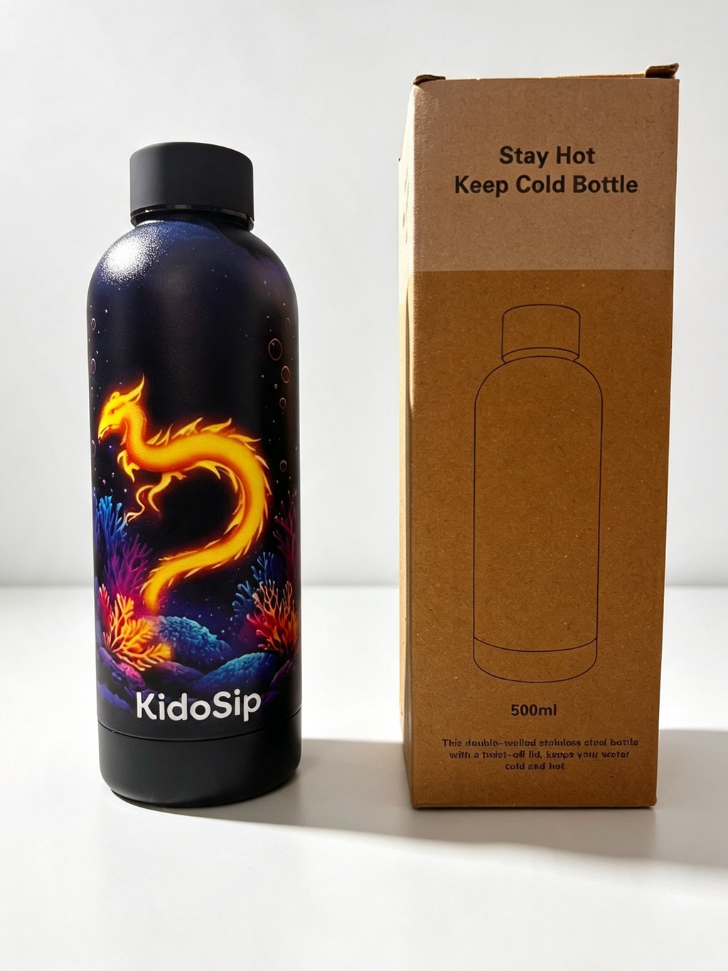 KidoSip Luminara Serpent Insulated Water Bottle 500ml — Stainless Steel, Keeps Hot & Cold, Leakproof, Glowing Ocean Dragon Design