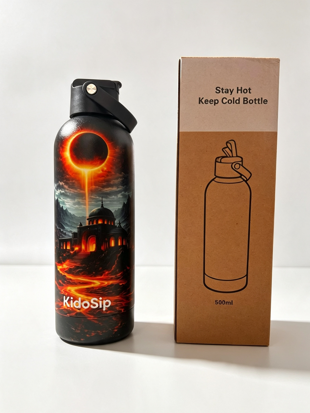 Kidosip Amberveil Insulated Water Bottle 500ml Stainless Steel, Keeps Hot & Cold, Leakproof, Glowing Amber Eclipse Design