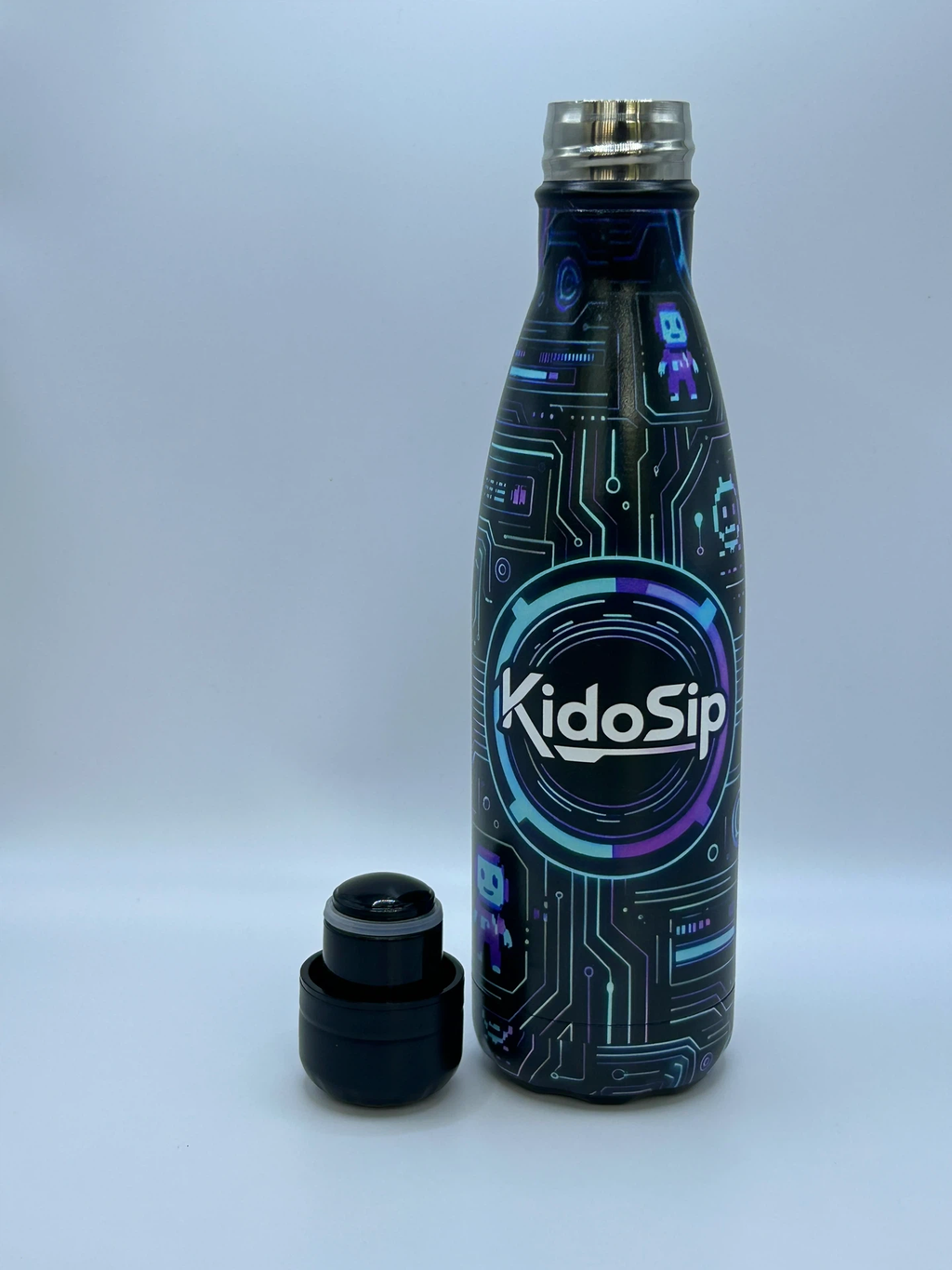 KidoSip RoboSip 500ml Stainless Steel Water Bottle — Futuristic Gaming Circuit Design