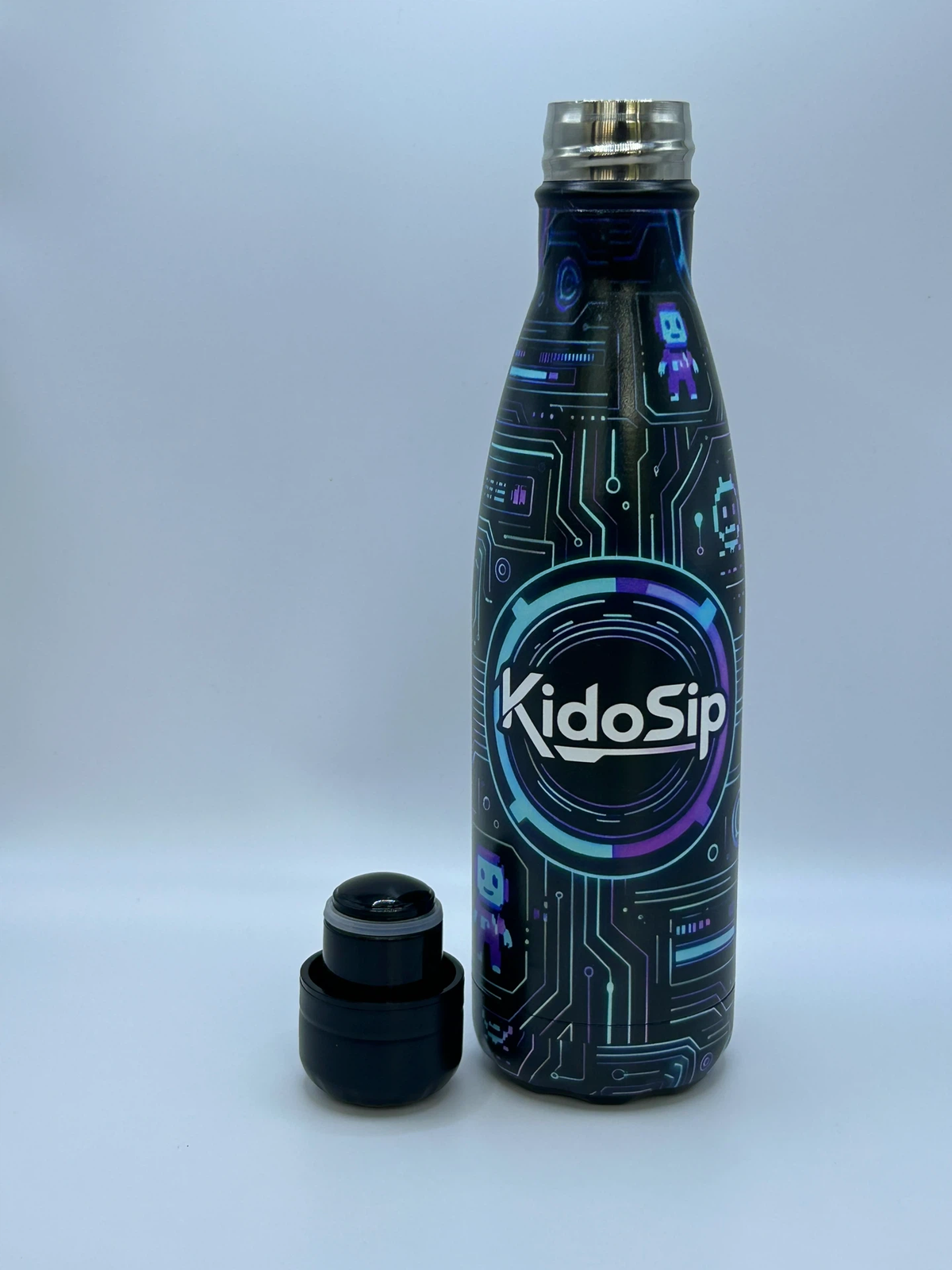 KidoSip RoboSip 500ml Stainless Steel Water Bottle — Futuristic Gaming Circuit Design