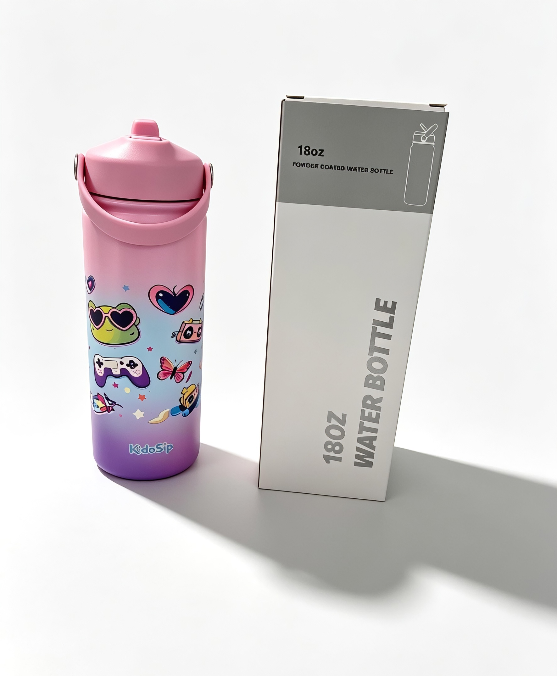 KidoSip 18oz  Pink‑Purple Gradient Insulated Water Bottle | Cute Frog & Gamer Design | Stainless Steel
