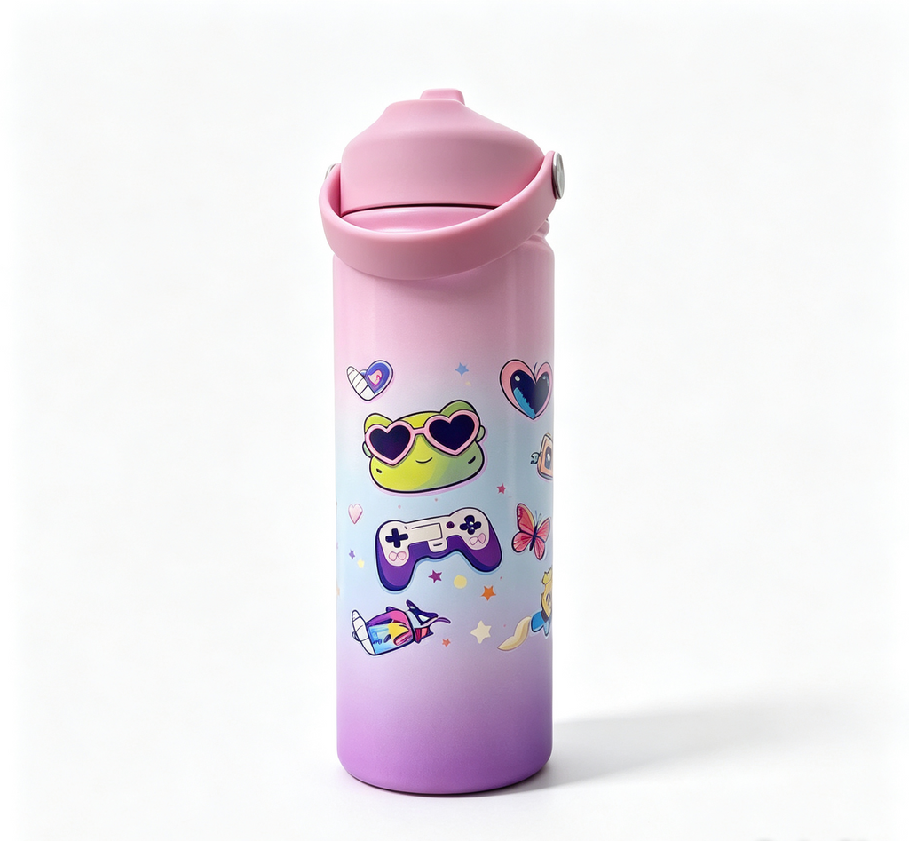 KidoSip 18oz Kids Water Bottle | Cute Frog Gamer (Pink & Purple)