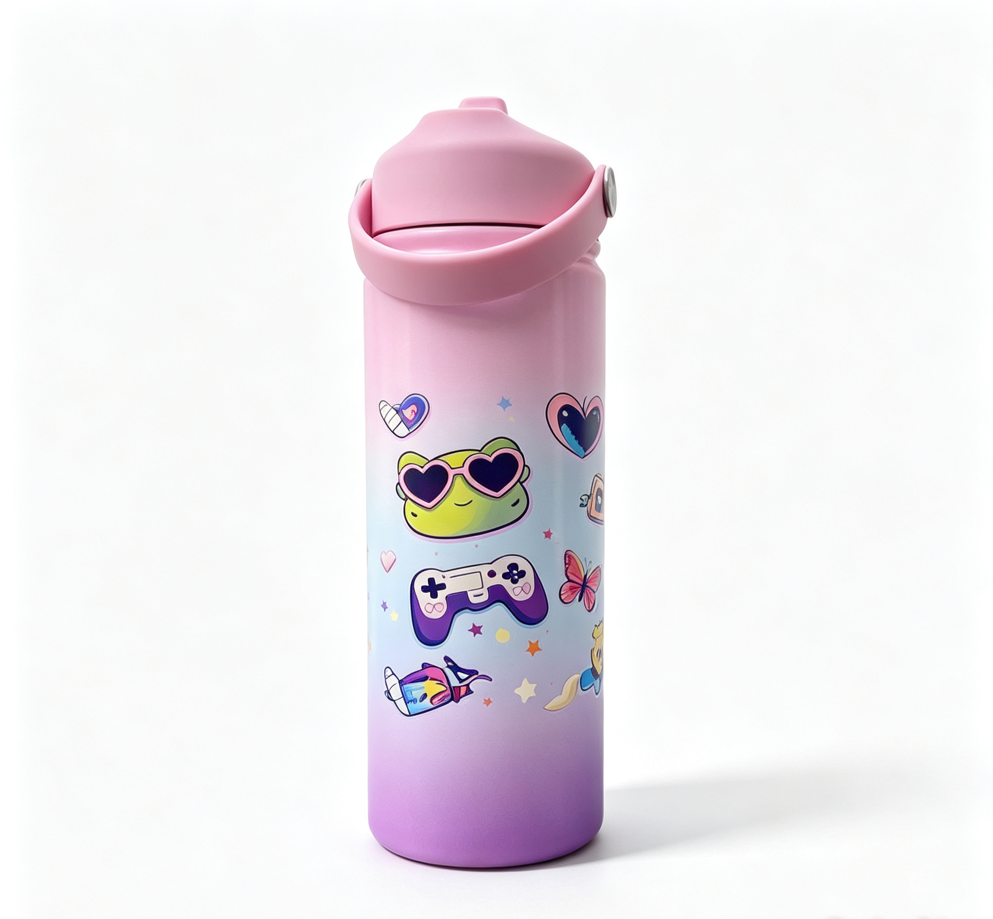 Cute Frog Gamer, Pink Purple Gradient, KidoSip Stainless Steel Water Bottle, Insulated Leak Proof Water Bottle 18OZ.