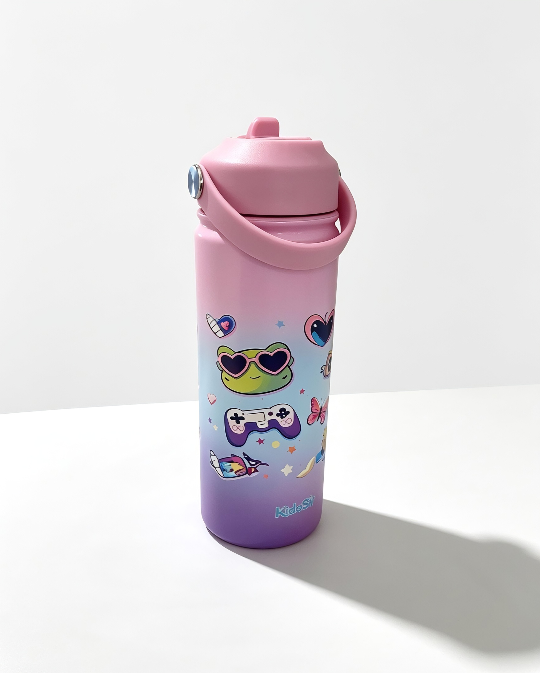 KidoSip 18oz  Pink‑Purple Gradient Insulated Water Bottle | Cute Frog & Gamer Design | Stainless Steel