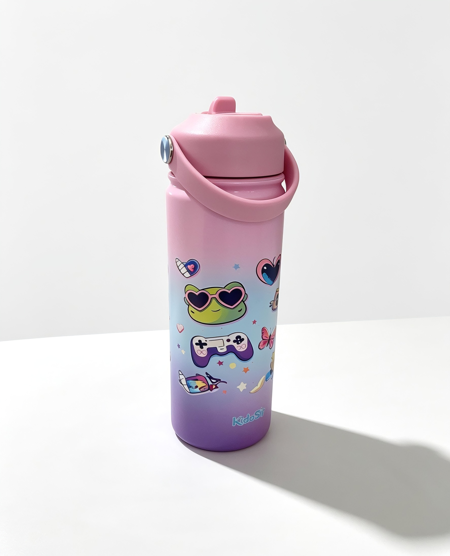 KidoSip 18oz  Pink‑Purple Gradient Insulated Water Bottle | Cute Frog & Gamer Design | Stainless Steel