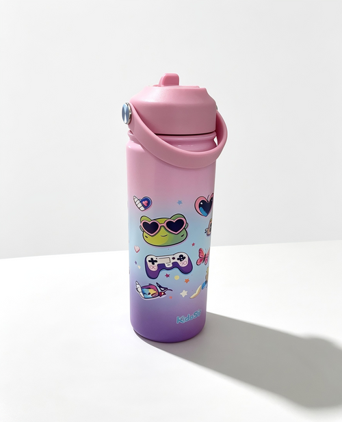 KidoSip 18oz  Pink‑Purple Gradient Insulated Water Bottle | Cute Frog & Gamer Design | Stainless Steel