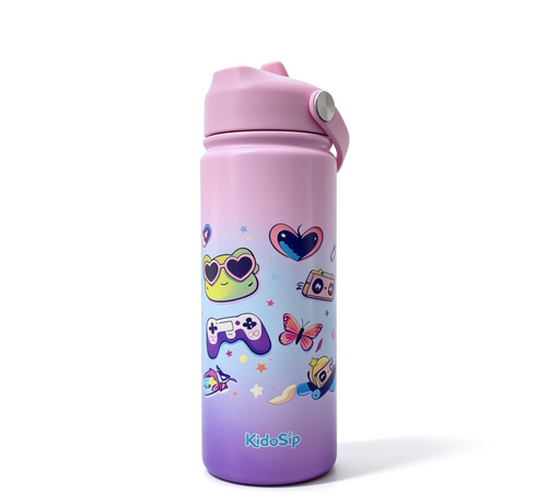 Cute Frog Gamer, Pink Purple Gradient, KidoSip Stainless Steel Water Bottle, Insulated Leak Proof Water Bottle 18OZ.