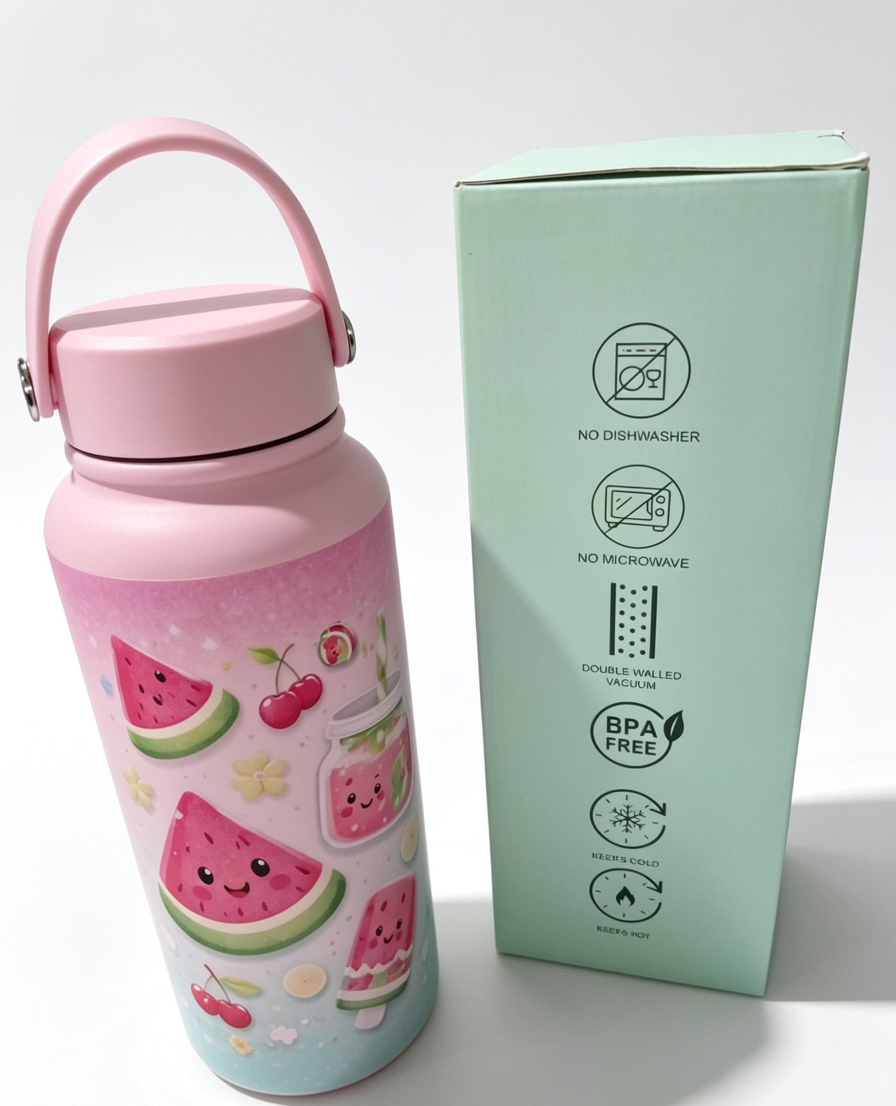 KidoSip Watermelon Water Bottle | Premium Stainless Steel | Vacuum Insulated 24H Cold